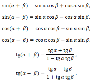 Формулы синуса косинуса тангенса суммы и разности аргументов. Формулы сложения синусов и косинусов тангенсов котангенсов. Формулы суммы и разности синусов и косинусов и тангенсов. Формула суммы и разности синусов и косинусов тангенсов котангенсов.